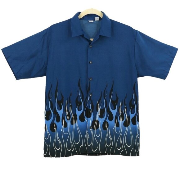 100% Other - Vtg Anchor Blue Flame shirt 100% polyester shirt collar button up L Large